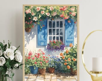 Arte de pared con flores de acuarela para ventana, imprimible, decoración de cabaña mediterránea, flores azules para ventana, descarga digital instantánea
