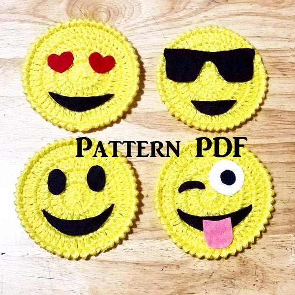 Handmade Crocheted Emoji Coasters Pattern, PDF Emoji Coaster Pattern, Home Decor, Beverage Coaster