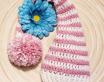 Handmade Crochet Baby Pixie Stocking Cap, Pink and White Pom Pom, Newborn Photography, Baby Shower gift