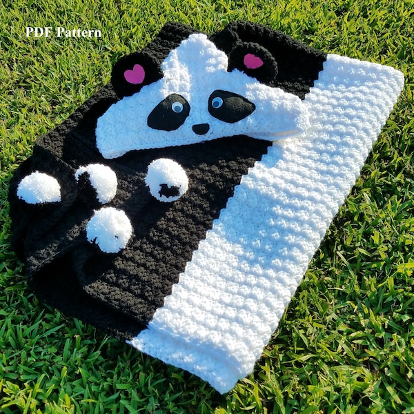 Crochet Panda Hooded Blanket Wrap Pattern, PDF Pattern, DIY, Crochet Panda Afghan, Black and White Panda Blanket, Crochet Kids Gift