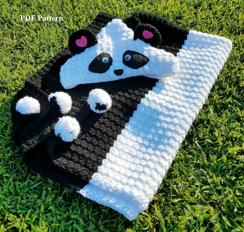 Crochet Panda Hooded Blanket Wrap Pattern, PDF Pattern, DIY, Crochet Panda Afghan, Black and White Panda Blanket, Crochet Kids Gift image 1