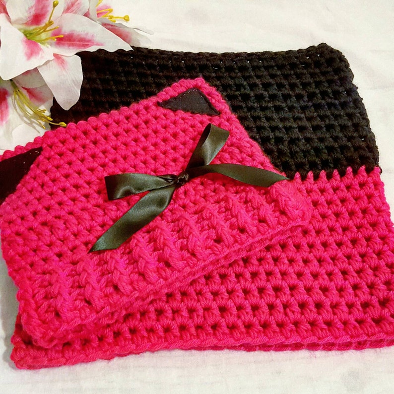 Crochet Cat Hat Winter Accessories Handmade Crochet Hot Pink and Black Kitty Hat with Matching Cowl Winter Hat and Cowl Set Women/'s Hat