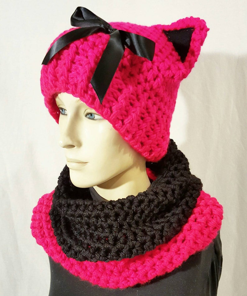 Crochet Cat Hat Winter Accessories Handmade Crochet Hot Pink and Black Kitty Hat with Matching Cowl Winter Hat and Cowl Set Women/'s Hat