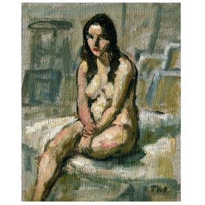 Pintura de figura original - Pequeño desnudo/sentado - 5x7 Óleo sobre lienzo de lino