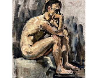 Pintura de figura - Desnudo masculino sentado/Pensador - Óleo sobre lienzo de 6 x 8 pulgadas