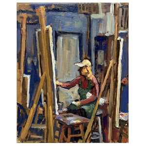 May include: Oil painting of an artist in a studio. The artist, wearing a red shirt, green apron, and white cap, is seated in front of a canvas. The studio has blue walls and wooden easels. The painting has a warm color palette.