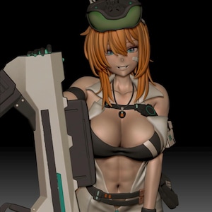 May include: A 3D rendered anime-style character with orange hair, blue eyes, and a bandage on her cheek. She wears a black and white outfit with a futuristic design, a green headpiece, and holds a large, futuristic weapon.