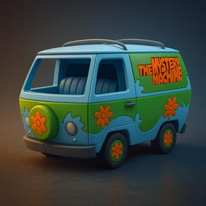 May include: A cartoon van in blue and green, featuring orange flower details and the text "THE MYSTERY MACHINE." The van has a spare wheel cover with a flower design and a roof rack. The wheels are black with orange flower centres.
