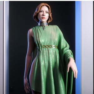 May include: A statue of a woman in a green dress with a gold belt and a silver choker necklace with an ankh pendant. The woman has short, reddish-brown hair. The background is dark.