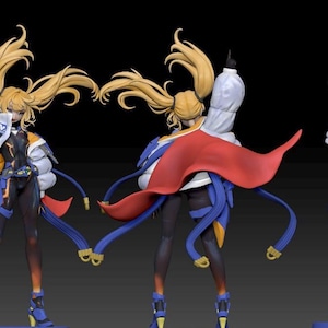 May include: A detailed figurine of a female character with long blonde hair styled in two high ponytails. She wears a black and blue bodysuit, a white jacket with orange accents, and a red cape. Blue ribbons and boots complete the look.