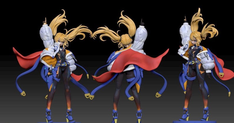 May include: A detailed figurine of a female character with long blonde hair styled in two high ponytails. She wears a black and blue bodysuit, a white jacket with orange accents, and a red cape. Blue ribbons and boots complete the look.