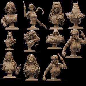 May include: A selection of beige busts, each representing a different character. The busts showcase diverse styles, with some featuring intricate clothing and accessories. The collection includes a range of figures, such as a woman with a gun and a hooded figure.