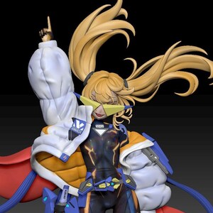 May include: A 3D-rendered figurine of a female anime character with long blonde hair and futuristic attire. She wears a white jacket with blue accents, a black and blue bodysuit, and yellow-tinted glasses. The figure is posed with one arm raised.