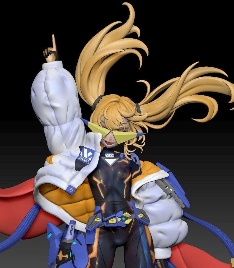May include: A 3D-rendered figurine of a female anime character with long blonde hair and futuristic attire. She wears a white jacket with blue accents, a black and blue bodysuit, and yellow-tinted glasses. The figure is posed with one arm raised.
