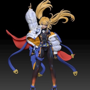 May include: A detailed figurine of a female character with long blonde hair in pigtails, wearing a futuristic outfit. The figure has a white jacket with blue and yellow accents, a red cape, and blue boots. The character is pointing upwards.