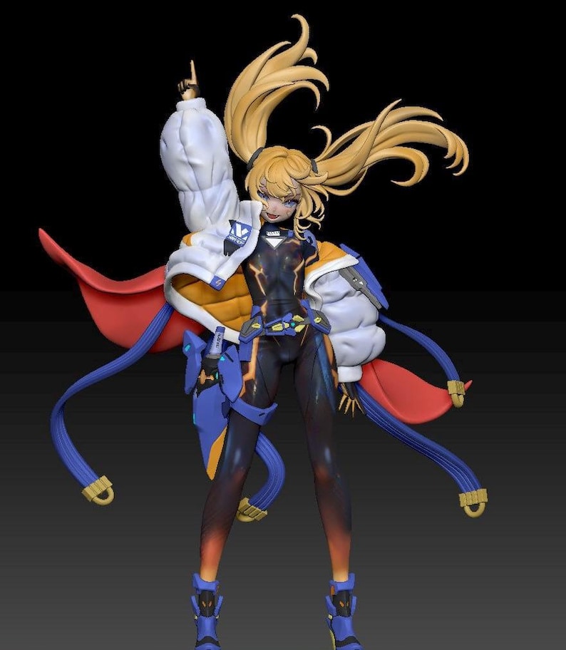May include: A detailed figurine of a female character with long blonde hair in pigtails, wearing a futuristic outfit. The figure has a white jacket with blue and yellow accents, a red cape, and blue boots. The character is pointing upwards.
