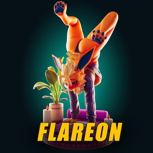 May include: A 3D rendered orange and yellow Flareon figure in a handstand pose, wearing purple athletic pants and a black top. A small potted plant and two candles are on either side. The word "FLAREON" is in yellow block letters.