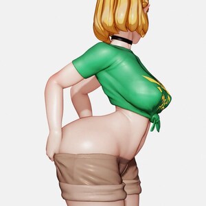 May include: A 3D rendered figure wearing a green t-shirt with a yellow design and tan shorts. The figure has short blonde hair and a black choker. The t-shirt is tied at the waist.