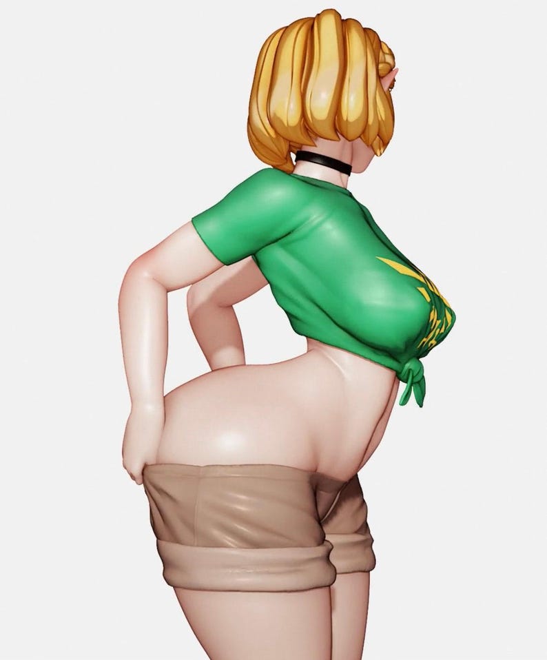 May include: A 3D rendered figure wearing a green t-shirt with a yellow design and tan shorts. The figure has short blonde hair and a black choker. The t-shirt is tied at the waist.