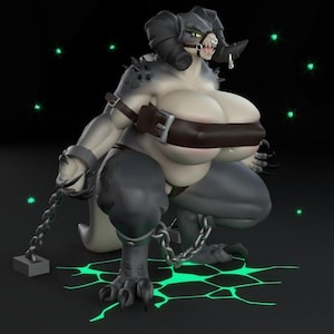 May include: A stylized, anthropomorphic creature figurine in shades of gray and black, with horns, a muzzle, and a harness. The figure is chained and posed on a glowing green surface, with additional green glowing dots in the background. The overall aesthetic is fantasy-themed.