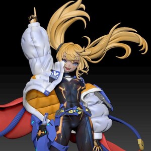 May include: A 3D-rendered anime-style figure with long, flowing blonde hair and blue eyes. The figure wears a black and blue bodysuit with orange accents, a white jacket, and a red cape. The figure is pointing upwards.