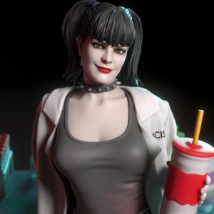 May include: A figurine of a woman with dark hair in pigtails, wearing a gray tank top, white lab coat, and a studded choker. She is holding a red and white cup with a straw. The word "CIS" is visible on the lab coat.