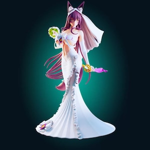 May include: A white figurine of a woman in a wedding dress with long, flowing hair and cat ears. She holds a bouquet and a decorative item. The dress has a long train and ruffled details. The figurine is set against a dark teal background.