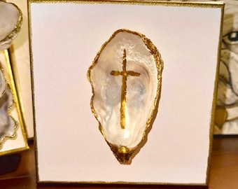Oyster Shell Cross Canvas Art
