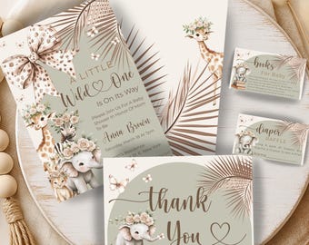 Safari Baby Shower Template Bundle • Neutral Boho Animal Invitation Set • Editable Canva Printables • 6-Piece Jungle Baby Shower Kit