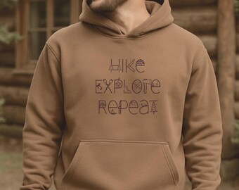 Hike Explore Repeat Hoodie • Minimalist Outdoor Line Art