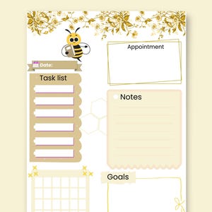 May include: A5 digital planner page with a bee graphic and floral accents. The page includes sections for appointments, notes, goals, a task list, and a calendar. Text at the top reads "A5 Digital Planner Page Instant Download."