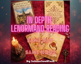 Puede incluir: Una disposición de cartas de adivinación Lenormand, una vela encendida y una llave decorativa. Las cartas están etiquetadas como "Old Style Lenormand" y presentan ilustraciones. El texto en la imagen dice "In Depth Lenormand Reading, Same Day, Same Hour."