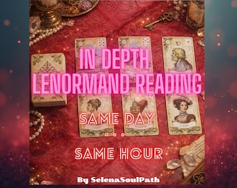 Puede incluir: Una disposición de lectura de cartas Lenormand sobre una superficie roja. La imagen presenta una baraja de cartas y varias cartas individuales con ilustraciones y texto. El texto en las cartas dice "In Depth Lenormand Reading" y "Same Day, Same Hour".