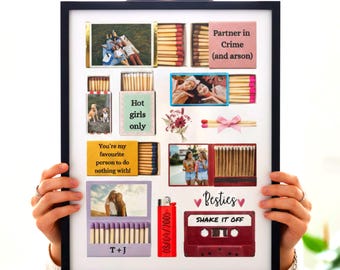 Custom Matchbook Poster Art for Best Friend Gift Template | Canva Editable Friendship Collage | Partner in Crime | Coquette Bow Aesthetic