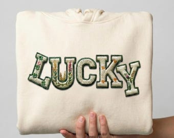 LUCKY PNG St Patricks Day Faux Embroidery - Floral Shamrock Digital Patch | Coquette Lucky Shirt Design for POD Irish Clip Art