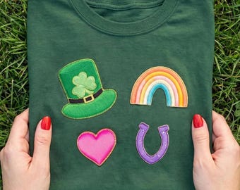 St Patricks Day Faux Embroidery PNG Bundle | Lucky Charms Sublimation Design | Retro Irish Patch Clipart