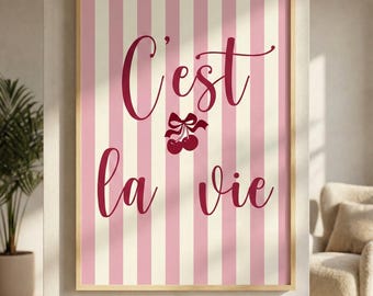 Coquette C'est La Vie Print | Pink Bow & Cherry Wall Art | Balletcore Room Decor | Preppy Gen Z Aesthetic Poster | Digital Download