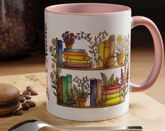 Personalized Bookish Mug, Custom Name Floral Bookshelf Coffee Cup, Gift for Book Lovers, Librarian Teacher Gift Appreciation Gift