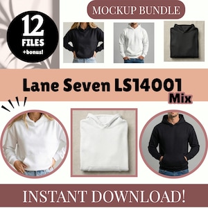 May include: A mockup bundle featuring black and white hoodies. The image includes the text "Mockup Bundle", "12 Files + bonus!", "Lane Seven LS14001 Mix", and "Instant Download!". The hoodies are displayed on models and as flat lay images.