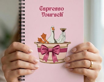 Funny Goose Espresso Martini Notebook | Pink Spiral Journal | 6x8 Lined Writing Book with Pocket | Quirky Cocktail Gift | Retro Aesthetic