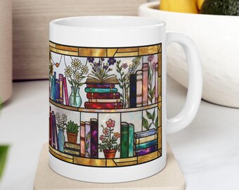Stained Glass Bookshelf Mug | Floral Book Lover Gift | Dark Academia Library Coffee Cup | Cottagecore Reader Present | Fake Stained Glass