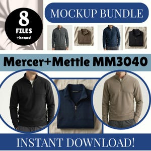 Puede incluir: Imagen de un paquete de maquetas de jerséis con cremallera de un cuarto en varios colores: gris, marrón, azul marino y negro. La imagen incluye el texto "MOCKUP BUNDLE," "8 FILES +bonus!," "Mercer+Mettle MM3040," y "INSTANT DOWNLOAD!"