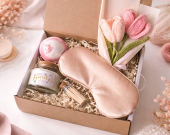 Mother's Day Spa Gift Box Crochet Tulip Bouquet, Scented Candle, Sleep Mask & Bath Bomb | Curated Self-Care Package for Mom | Ready to Gift