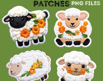 Faux Embroidered Patches Sheep Digital PNG Bundle Realistic 3D Stitch Patch Clipart Nursery Graphics