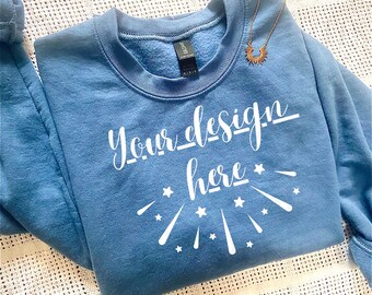 Gildan 18000 Mockup Indigo Blue | Real Photo Folded Sweatshirt Mockup | Authentic Cozy Flat Lay | POD Branding