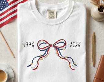 Comfort Colors USA 250th Anniversary Shirt, Semiquincentennial 1776-2026 Tee, Coquette Patriotic Bow, Vintage Americana 4th of July Outfit