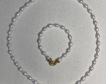 Süsswasserperlen Schmuckset, Reis & Samenperlen, 925 Sterling Silber Perlenset, handgemachte Perlenkette und Armband