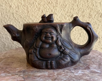 Vintage Chinese Yixing Zisha Teapot, Carved Tree Trunk Form with Laughing Buddha Relief, Squirrel Lid Finial, Impressed Seal Mark