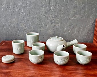 韓国青磁瓜型茶器（茶器）：象嵌鶴と雲文、2人用セット - Etsy 日本