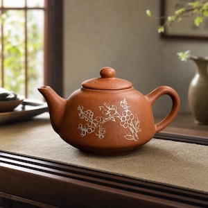 Signed Vintage Yixing Teapot | Zhuni Red Clay Plum Blossom Pottery Decor